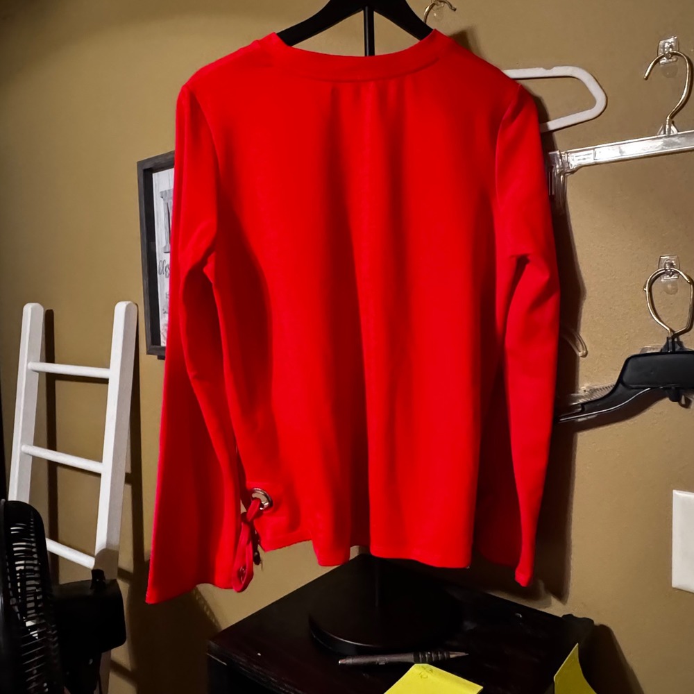 Jeanne Pierre Red Long Sleeve Grommet Tie Side Top Crewneck Pullover Large - Picture 6 of 9